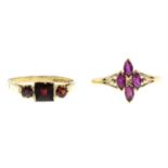 A 9ct gold garnet three-stone ring and a 9ct gold ruby ring.