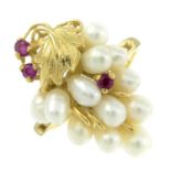 A cultured pearl and ruby foliate dress ring and a string of graduated cultured pearls.