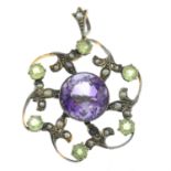 An early 20th century gold amethyst, prasiolite and split pearl floral cluster brooch.
