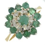 A 9ct gold emerald and diamond cluster ring.