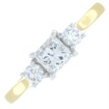 An 18ct gold square-shape and brilliant-cut diamond three-stone ring.