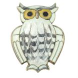 A mid to late 20th century enamel owl brooch, by David Anderson.