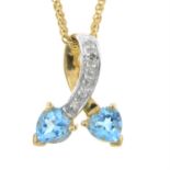 A 9ct gold blue topaz and diamond pendant, with 9ct gold chain.
