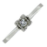 A platinum square-shape diamond single-stone ring.