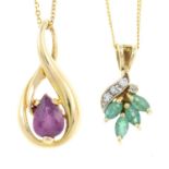 A 9ct gold emerald and diamond pendant and a 9ct gold ruby pendant, each with chains.