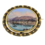 A late 19th century gold and ceramic brooch, painted to depict 'Quai du Mont-Blanc'.