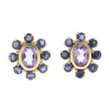 A pair of 9ct gold amethyst and iolite cluster earrings.