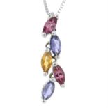 A pink tourmaline, tanzanite and citrine pendant, with 9ct gold chain.