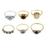 Six 9ct gold gem-set rings.