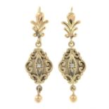 A pair of brilliant-cut diamond accent drop earrings.