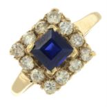 A 1960s 9ct gold diamond and synthetic sapphire cluster ring.