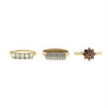 Three 9ct gold gem-set rings.