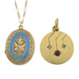 Two early 20th century gold lockets, one with chain.