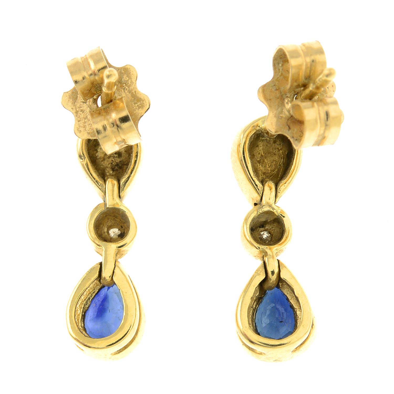 A pair of 18ct gold sapphire and diamond drop earrings. - Image 2 of 2