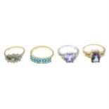 Four 9ct gold gem-set rings. Two AF.