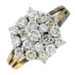 A brilliant-cut diamond cluster ring.