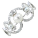 A cultured pearl and diamond dress ring, depicting a lily-of-valley.