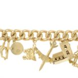 A curb-link charm bracelet, suspending ten charms, gathered at a 9ct gold padlock clasp.