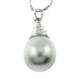 A cultured pearl pendant, with fancy-link chain.