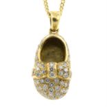 A brilliant-cut diamond shoe pendant, with 18ct gold chain.