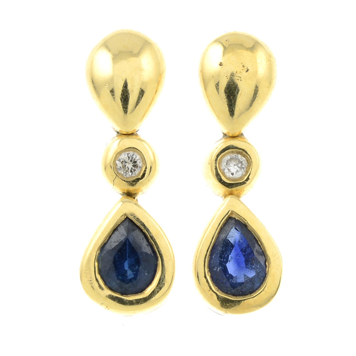 A pair of 18ct gold sapphire and diamond drop earrings.