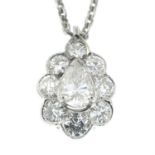 A platinum pear-shape and brilliant-cut diamond cluster pendant, on an integral platinum chain,