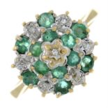 A 9ct gold emerald and single-cut diamond cluster ring.