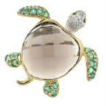 A 9ct gold smoky quartz, emerald and diamond turtle ring.
