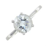 A platinum fracture-filled brilliant-cut diamond single-stone ring.