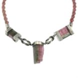 A choker, suspending three free-form parti-coloured tourmaline crystals.