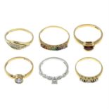 Six 9ct gold gem-set rings.