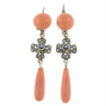 A pair of coral, sapphire and rose-cut diamond drop earrings.