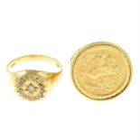 A 9ct gold diamond ring, and a 9ct gold half sovereign ring. One AF.