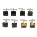 Four pairs of smoky quartz and citrine cufflinks.