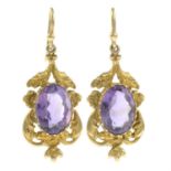 A pair of 1970s 9ct gold amethyst drop earrings.