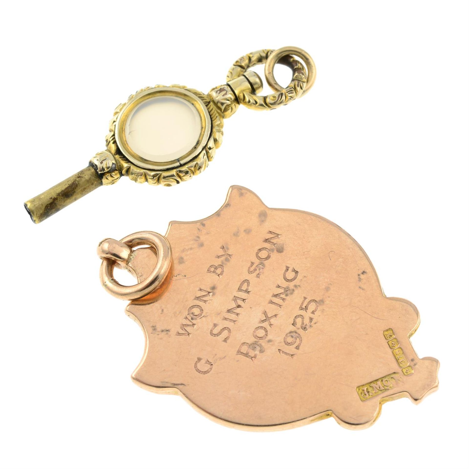 A late 19th century white chalcedony watch key and an early 20th century 9ct gold and enamel - Image 2 of 2