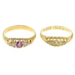 An early 20th century 18ct gold diamond five-stone ring and a ruby and diamond three-stone ring.