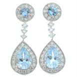 A pair of 18ct gold aquamarine and diamond earrings, each with interchangeable drops.