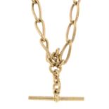 An early 20th century 9ct gold Albert, with lobster clasp and T-bar terminals, suspending an