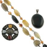 A selection of Scottish hardstone jewellery, to include necklace, brooch, pendant and further items.