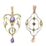 Two early 20th century 9ct gold gem-set pendants.