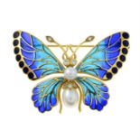 A brilliant-cut diamond, cultured pearl and plique-a-jour enamel butterfly brooch.