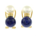 A pair of cultured pearl and lapis lazuli earrings.