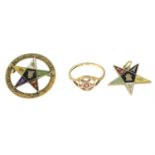 Three 9ct gold and enamel Masonic jewellery.