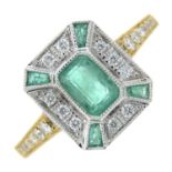 An 18ct gold emerald and diamond dress ring.