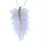 A carved agate and rose-cut diamond leaf pendant, suspended from a agate bead single-strand chain,