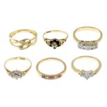 Six mostly 9ct gold gem-set rings.