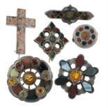 A selection of six late Victorian Scottish silver hardstone and gem-set brooches.