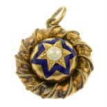 A late 19th century gold split pearl and blue enamel locket pendant.