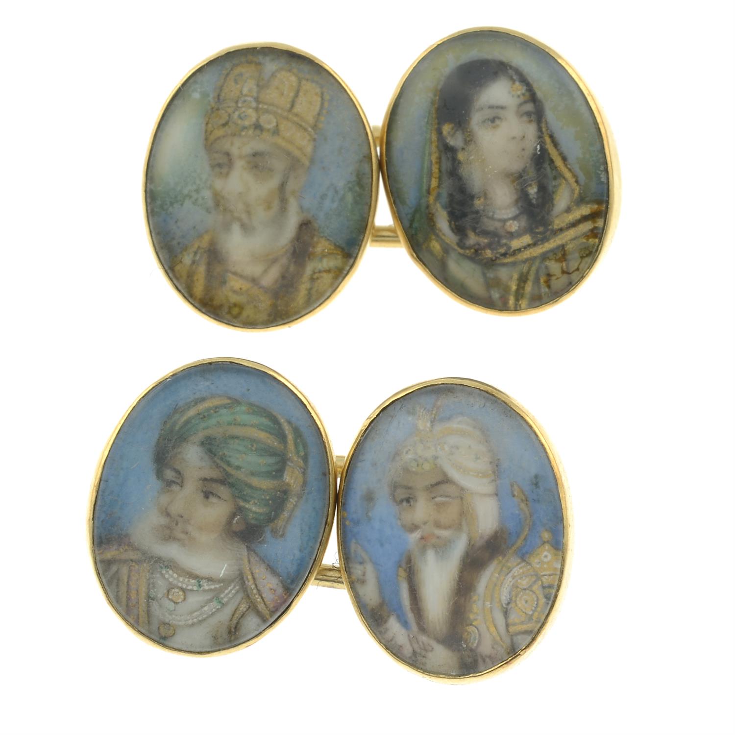 A pair of late Victorian gold cufflinks, painted to depict portrait miniatures of Shah Jahan,